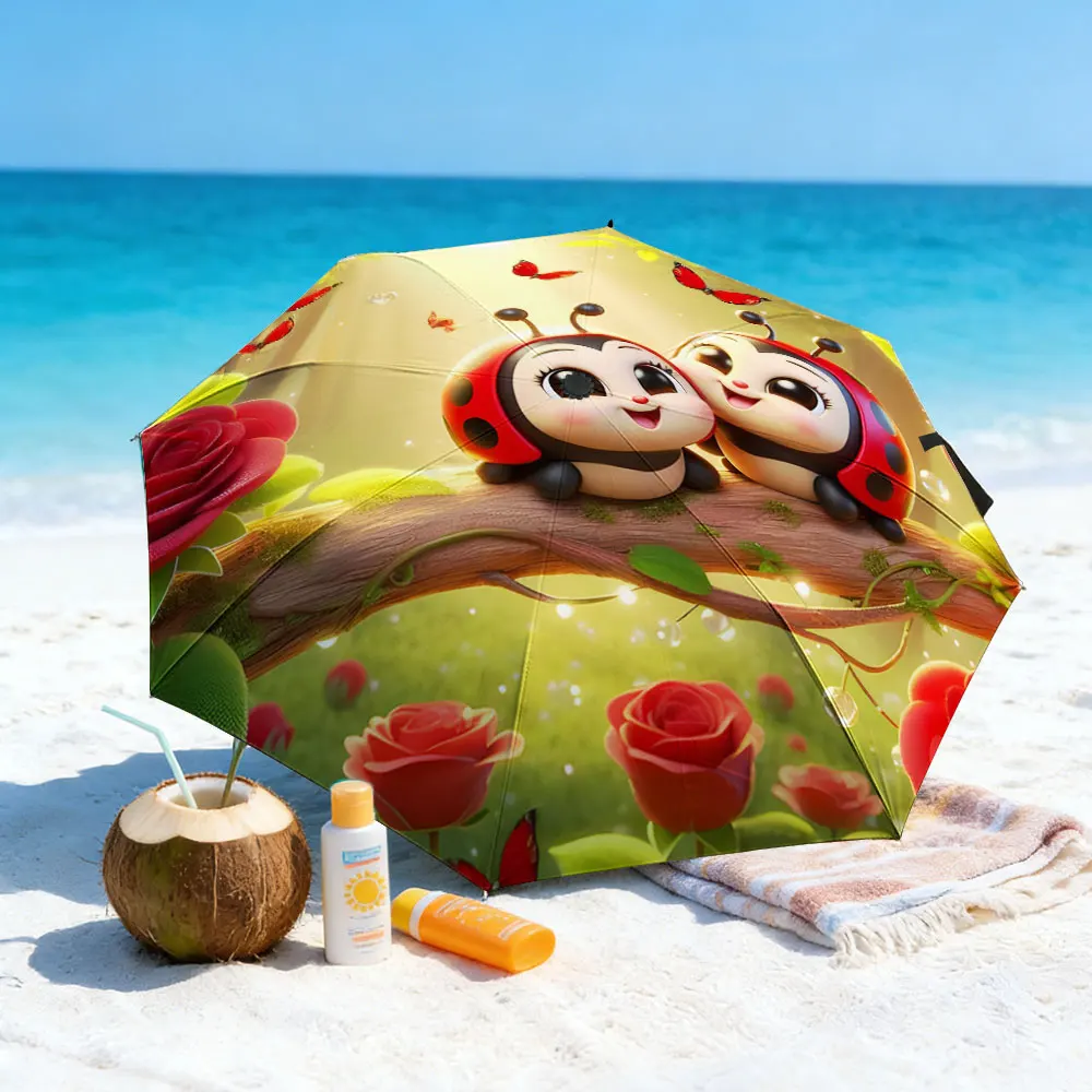 1PC Lovely Ladybugs Themed Umbrella with Nature Background Print 8 Iron Ribs Folding Umbrella Auto-Open Fashion Sunshade