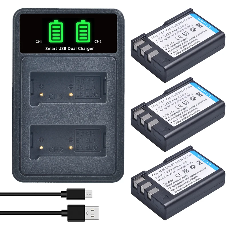 

2400mAh EN-EL9 EN EL9A EN EL9 ENEL9 Batteries + LED Charger for Nikon D3000 D5000 D40 D40x D60 Camera