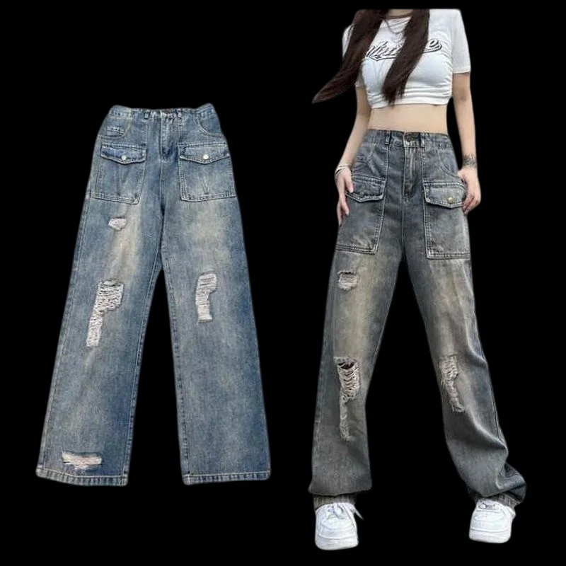 Holes Jeans Women Broken Denim Pants Schoolgirl Design High Street  Straight Jeans With Big pocket