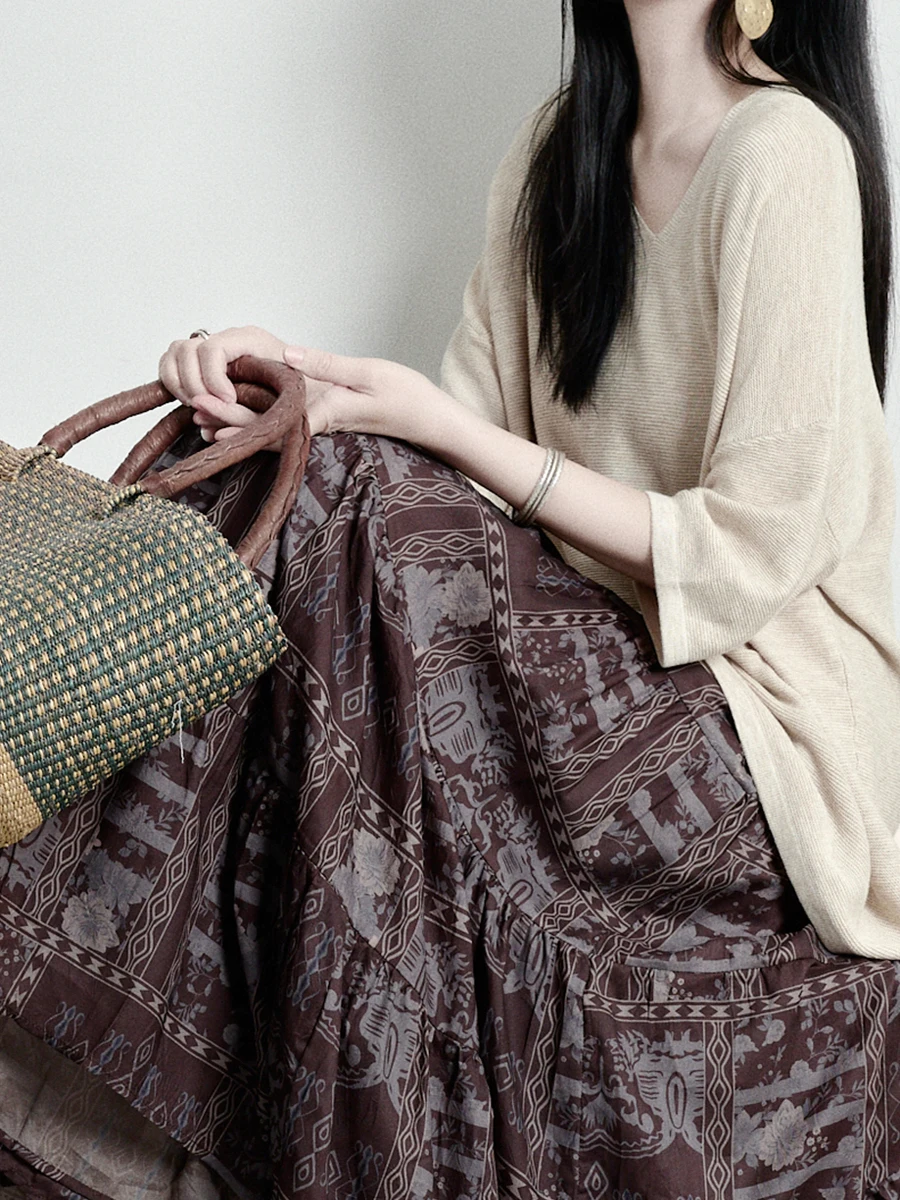 

Свободный шерстяной вязаный свитер с V-образным вырезом, повседневный, средней длины, с рукавом 3/4, женский, премиум-класса, модный, весна-лето 2025