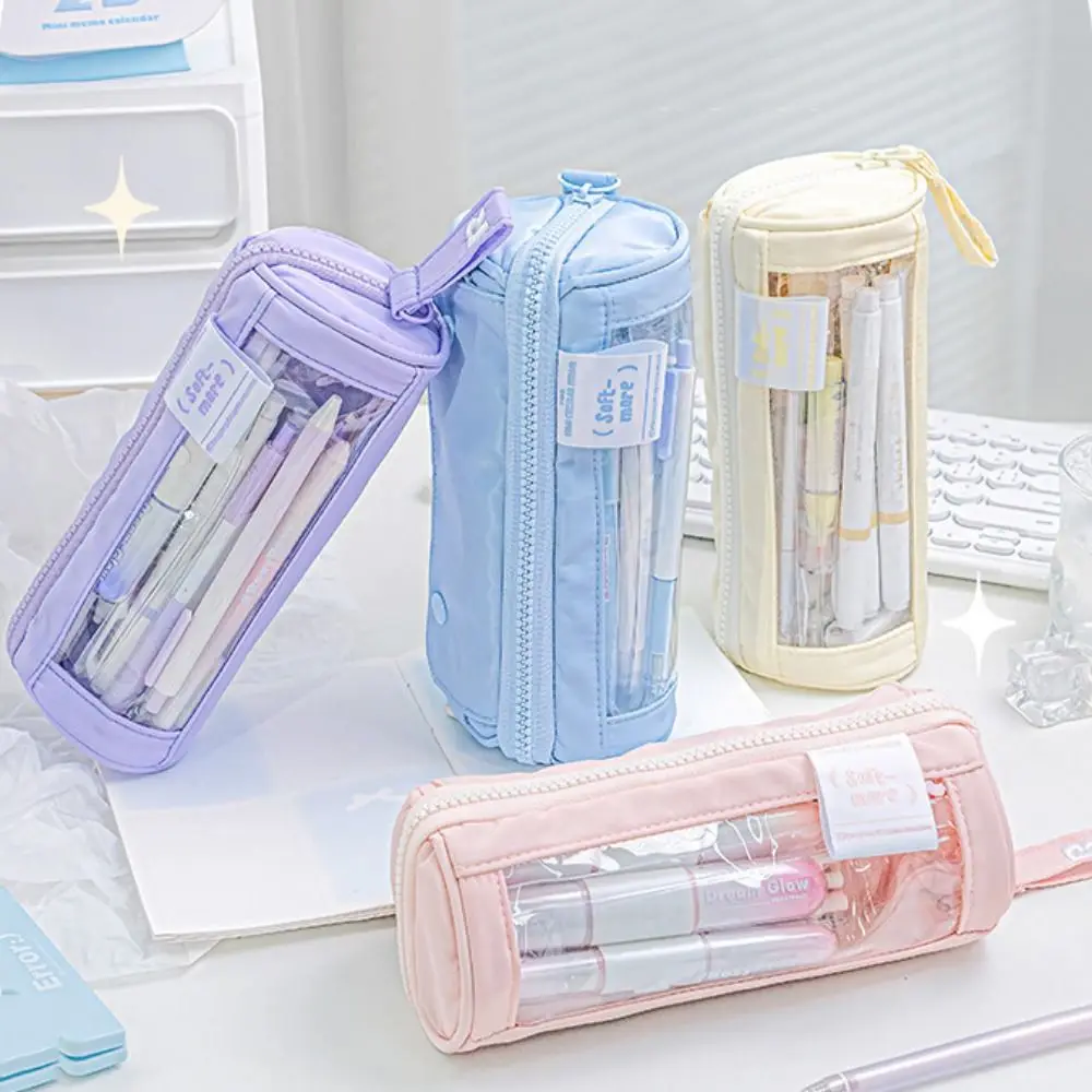 1 Pc Canvas Cylinder Pattern Pen Case  Transparent Prism Pencil Bag Storage Pouch Creative Student Gifts School Supplies