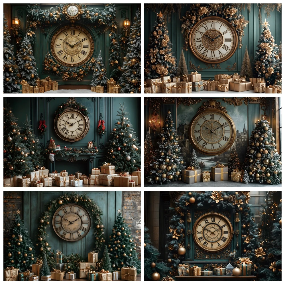 Christmas Photography Backdrop Winter Christmas Tree Clock Gift Green Palace Kids Portrait Family Party Xmas Photo Background