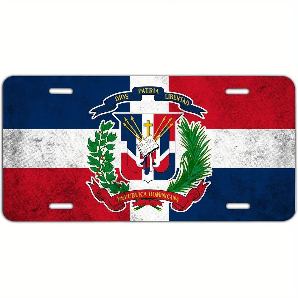 Vintage Dominican Republic Flag Car License Plate -  Aluminum Wall Decor, 0.025 Inch Thick, Patriotic Design with Coat of Arms