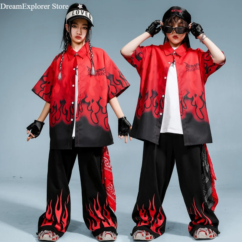 Hip hop meninos solto chama camisa dança de rua joggers calças meninas blusa de fogo crianças k-pop streetwear crianças trajes conjunto