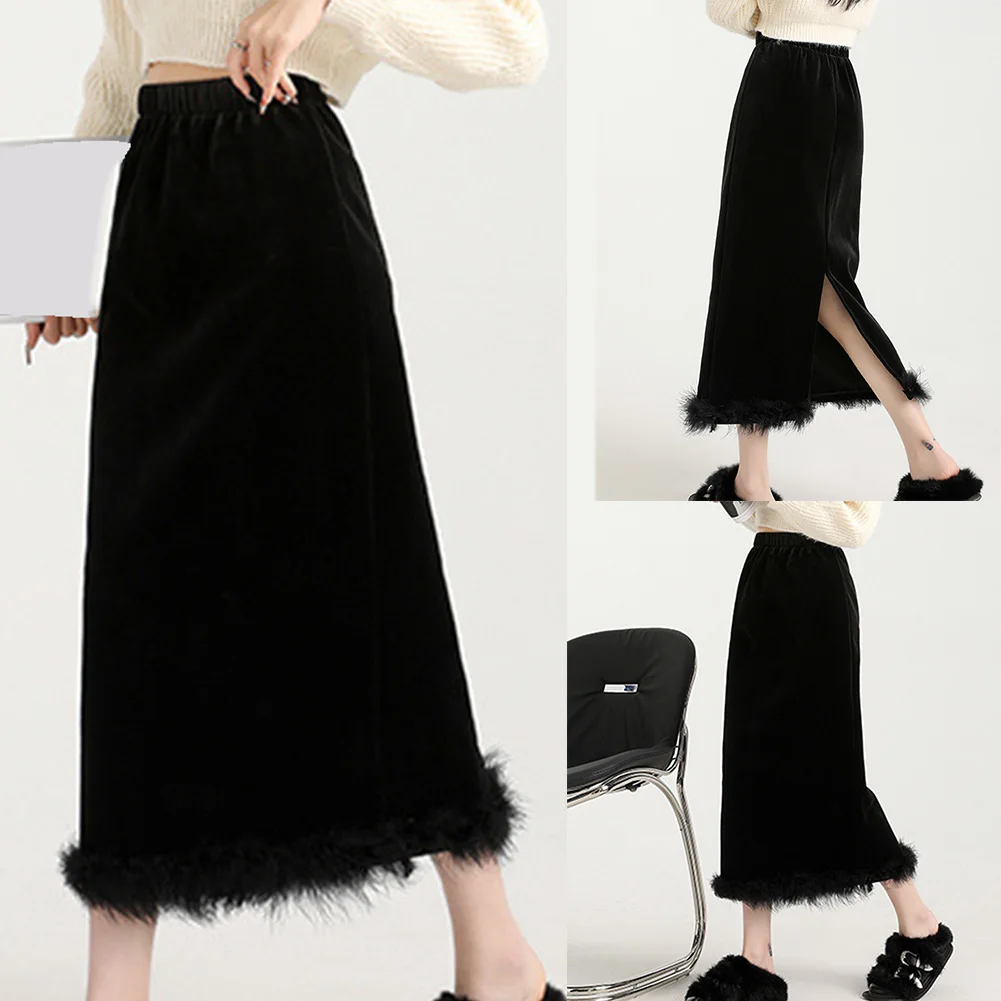 Club wear moda diária pena veludo saia elegante fenda saia casual férias wear para mulheres traje de férias preto