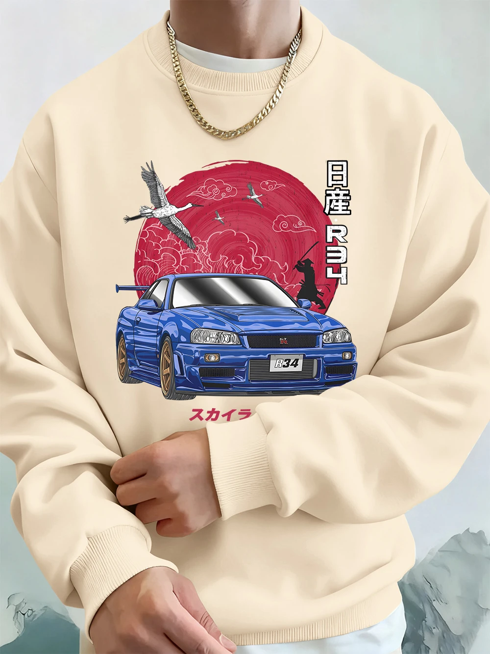 Nippon Jdm Skyline Gtr R34 Prints Mens Hoodies Autumn Crewneck Sweatshirt Basics Fleece Warm Loose Pullover Korean Men'S Clothes