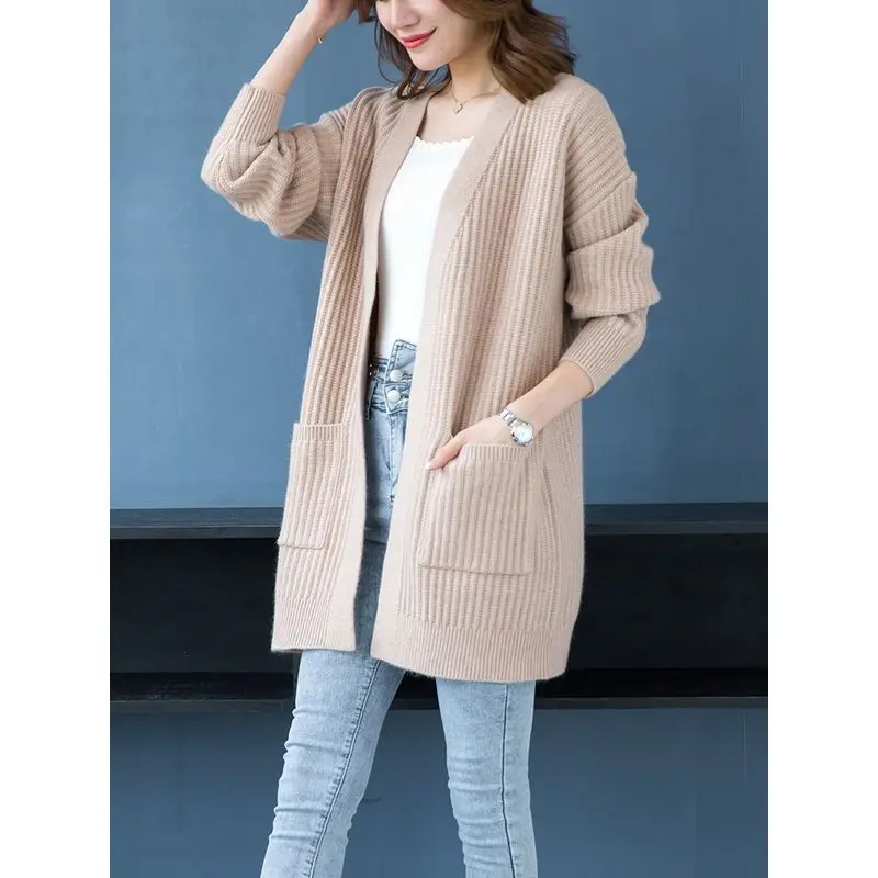 Spring Autumn New Sweater Knitting Cardigan Long Sleeve Solid Color Loose Simplicity Fashion Tops Vintage Elegant Women Clothing