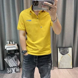 Clothes Alphabet with Collar Male Tee Shirts Motorcycle Top Yellow Polo Men's T-shirt Funny Streetwear Fashion High Quality Chic