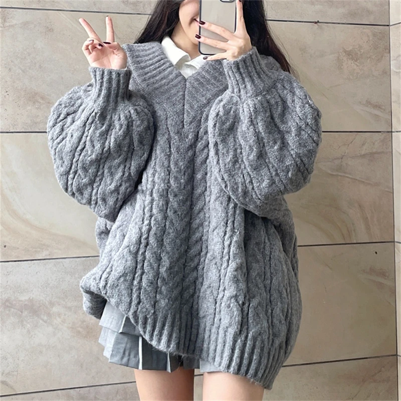 

Осень-зима, розовый трикотаж с v-образным вырезом, ленивый нежный ветровой пуловер, свитер, новинка 2025 года, женский свободный свитер, топы