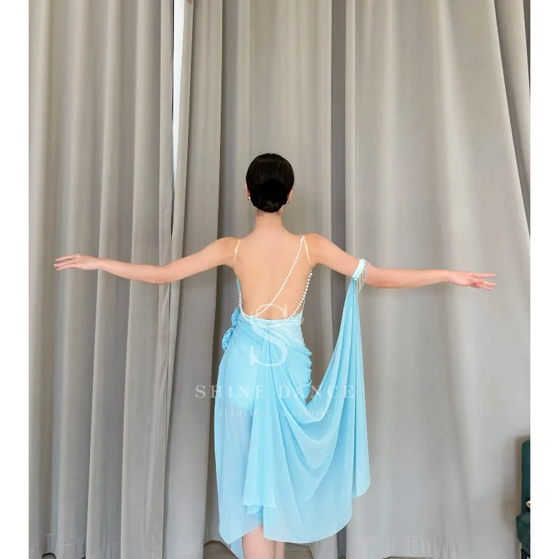 Abito da ballo latino standard personalizzato, completo da pratica, gonna da competizione, reggicalze, set da ragazza in filato galleggiante in rete di perle