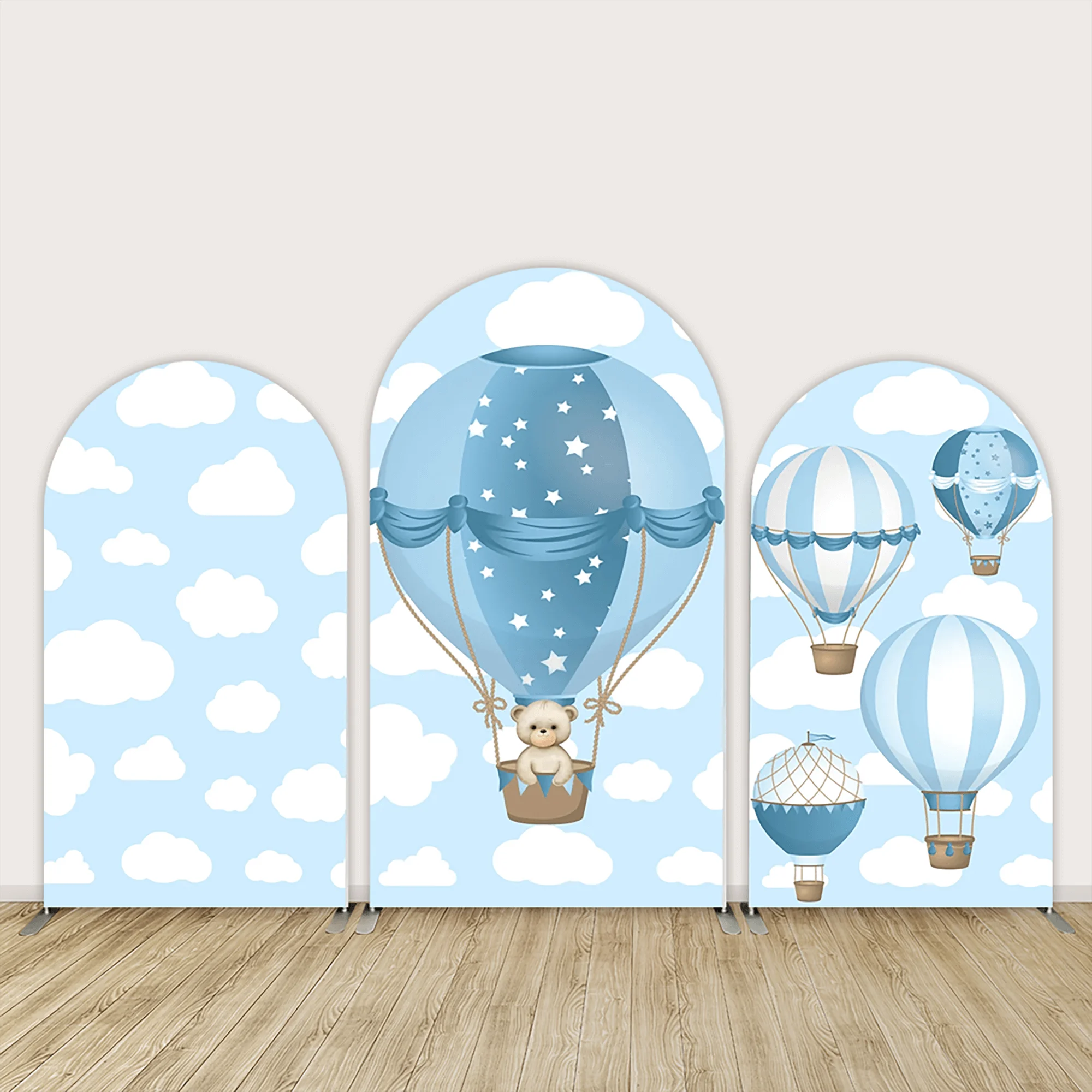 Globos de aire caliente para Baby Shower, Fondo de cubierta arqueada de Chiara, nubes azules, cartel de pared de arco de primer cumpleaños para niño, fotografía de fondo