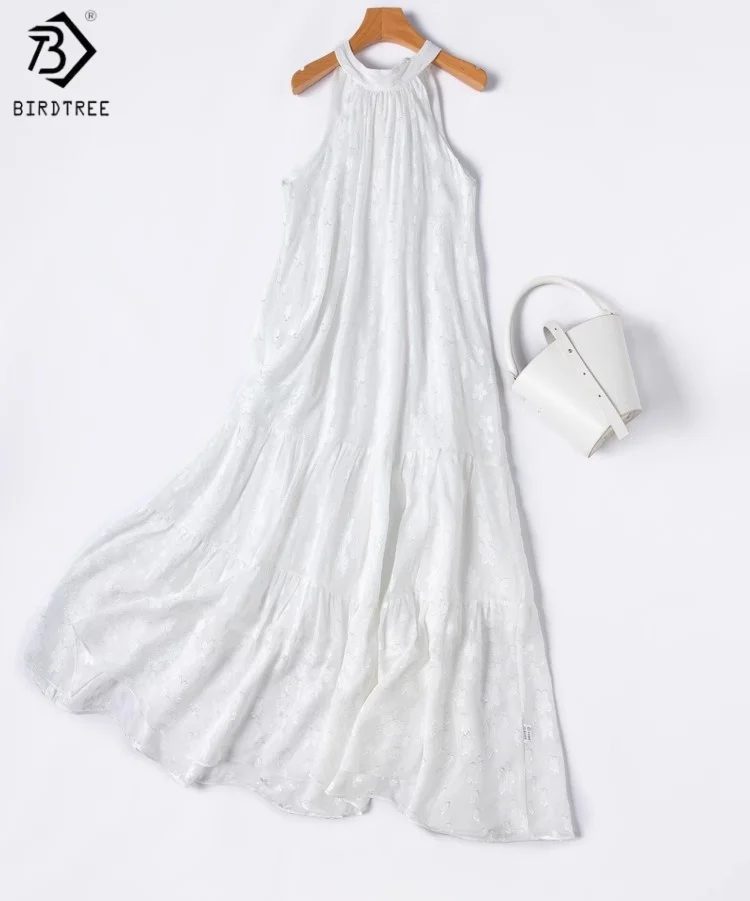 

Летнее платье из 100% шелка Birdtree, женская двухслойная однотонная юбка без рукавов, стиль отдыха, новинка 2025 года, D56408JF