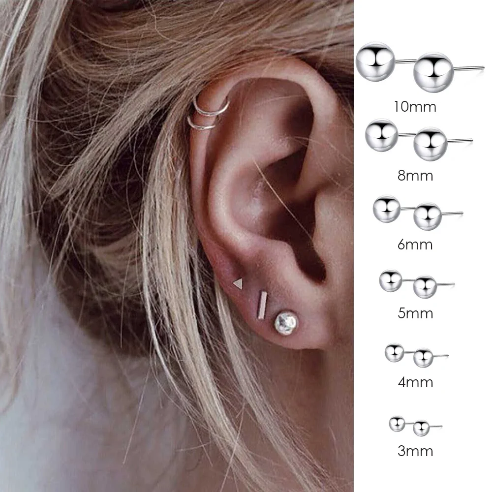 small stud earrings women simple Stainless steel Silver color earring studs diameter 3mm 4mm 5mm 6mm 8mm 10mm  jewelry wholesale