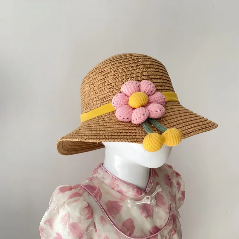 Girls Solid Color Flower Decorated Woven Hat Children\'s Spring and Summer Cute Fisherman Hat Baby Big Brim Outdoor Sunshade Hat