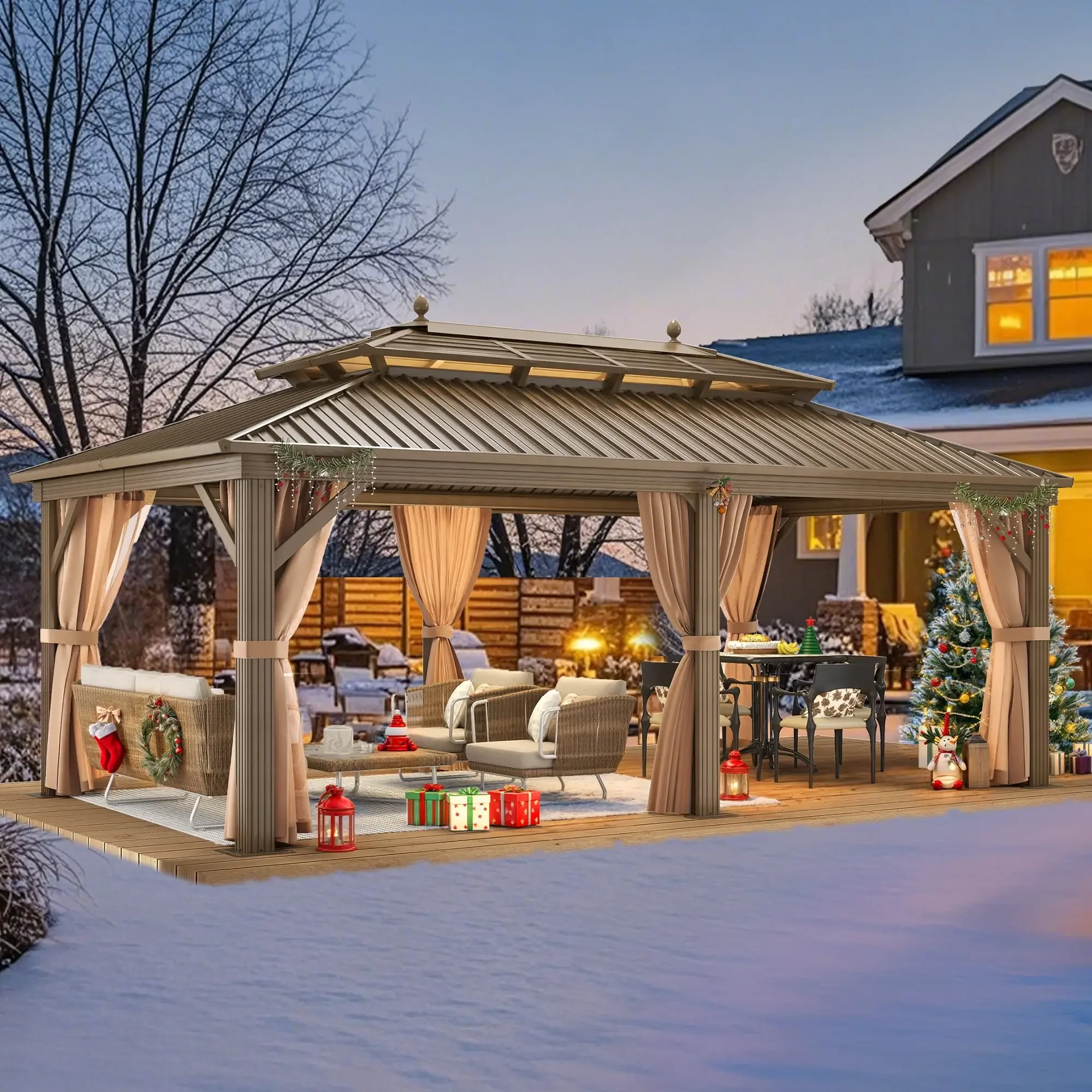 Hot Selling Customized Easily Assembled Waterproof Double Roof Aluminum Frame Outdoor Hardtop Gazebo with Mesh Curtains