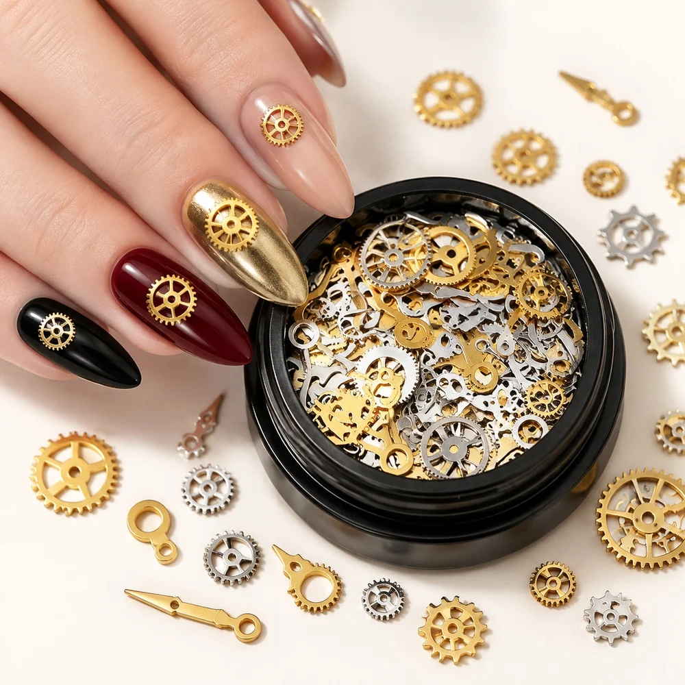 120Pcs Vintage Gold Nail Studs Steampunk Silver Gears Cogs Clock Watch Hands Metal Rivet 3D Charm Nail Decorations DIY Decor