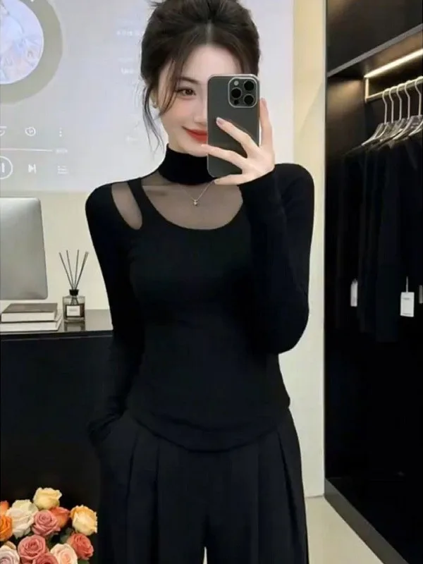 

plus Size Women's Korean Sle Long Sve T-irt Me Panel Asymmetrical Slim Fit Base Top Bla Spring Season Slimming Effect