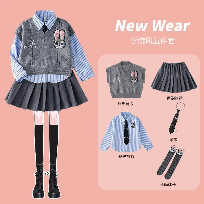 

Academy Style Tie Blue Dress Kids Dresses for Girls Cartoon Bunny Striped Short Sleeved Dress Summer Girl Dress