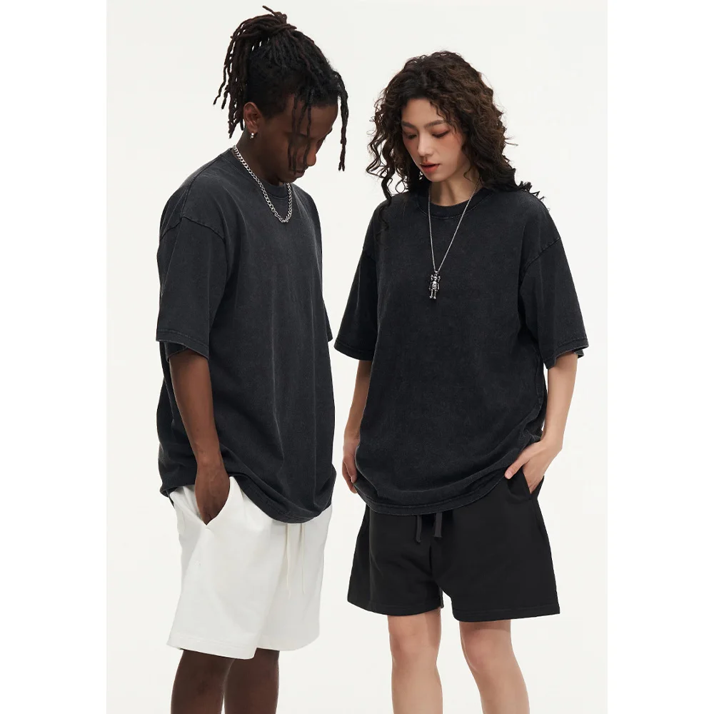 230G Cotton Retro T-shirt Drop-shoulder Sleeve Men Women Vintage Short-sleeve T Shirts Solid Color Hip Hop Loose Tees image 5