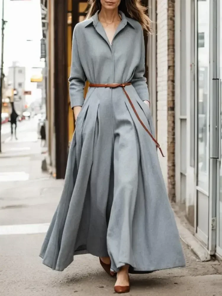 Krisnanas 2024 Women's Fashion Commuter Outfits Solid Color Lapel Collar Long Sleeve Wide Leg Coveralls Pleated One-piece Suits