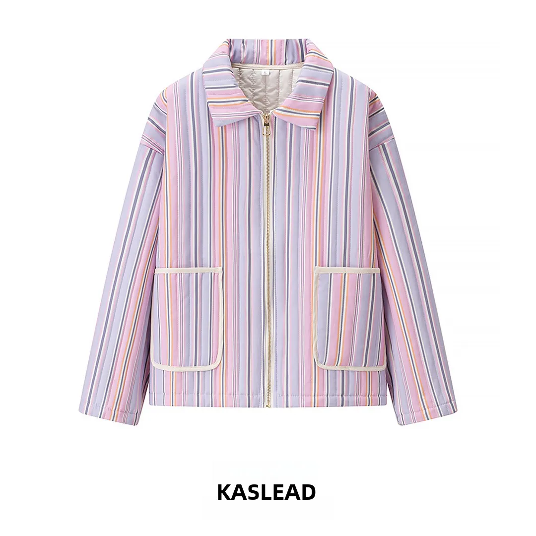 

KASLEAD новая женская модная хлопковая куртка в полоску, базовая универсальная осенняя верхняя одежда из полиэфирного волокна для женщин