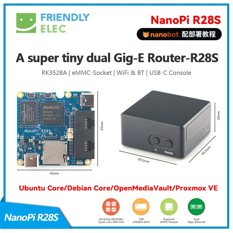nanopi-r28s、rk3528a、emmcソケット、wifi-bt、usb-cコンソール