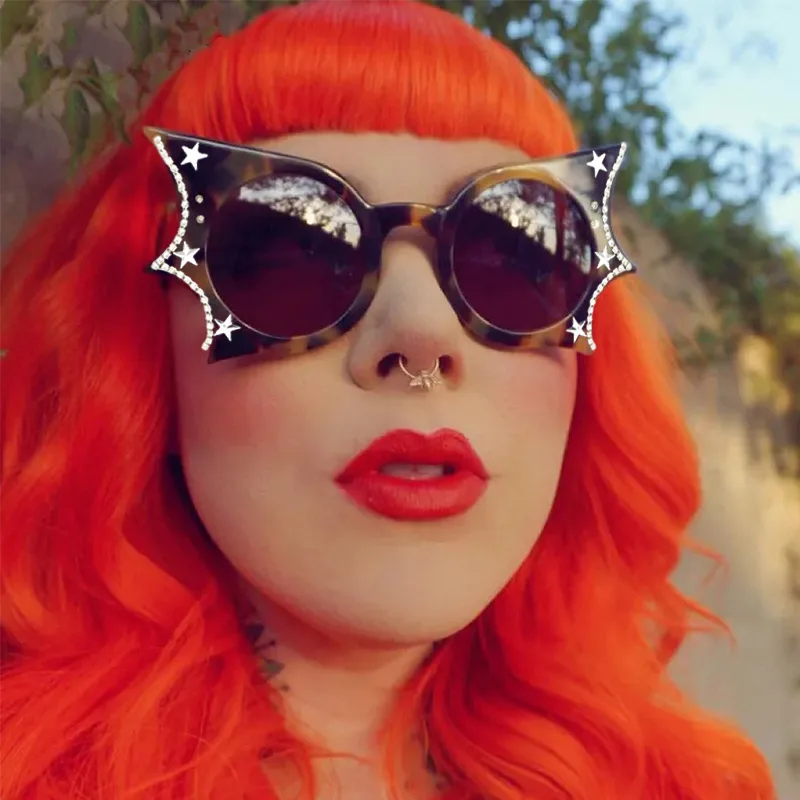 Hip Hop Stylish Women Sunglasses Bat Shape Rhinestone Decoration Sun glasses Female Stage Show Cool Sunglasses