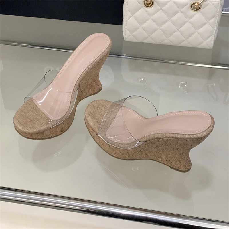 

Eilyken Fashion Design Wood Grain Wedges Heels Platform Women Slippers Summer Open Toe PVC Transparent High Heels Shoes