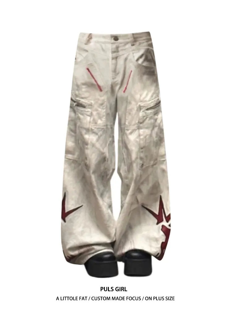 

Large Size Workwear Denim Pants Women's High Waist Wide Leg Print Jeans Vintage Style Casual Comfortable Spring Summer