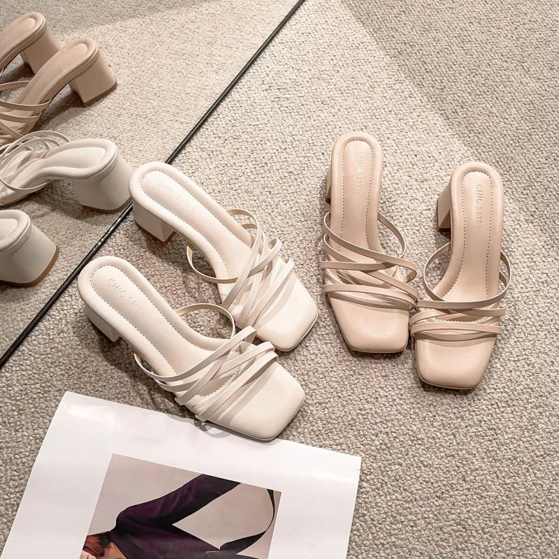 2026 Spring/Summer New High-Heeled Sandals for Women, Cross-Strap Square-Toe Chunky Heel Slip-On Sandals with Comfortable Midsol