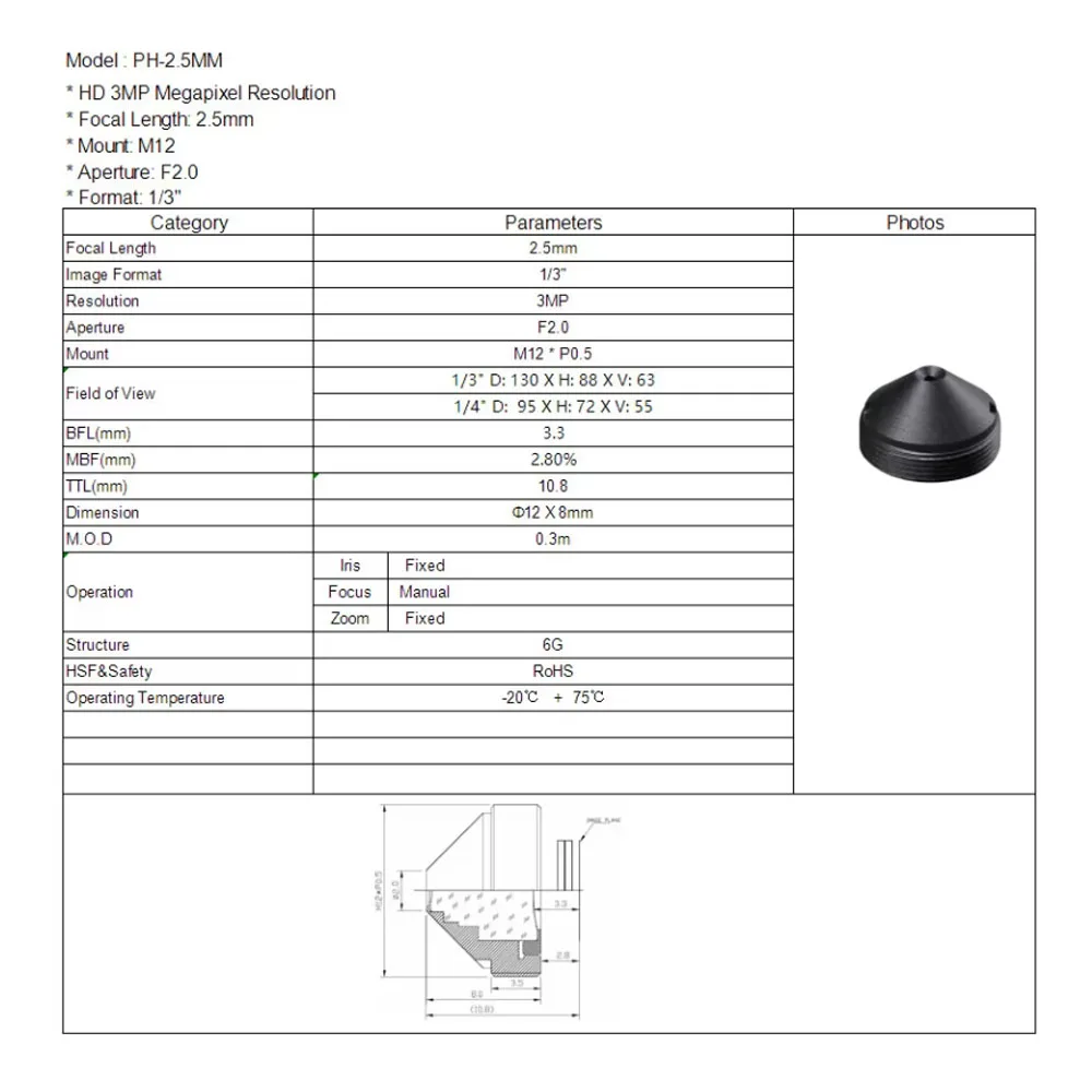 HD CCTV lens Pinhole 2.5 MM M12 * 0.5 Mount 1/3 \