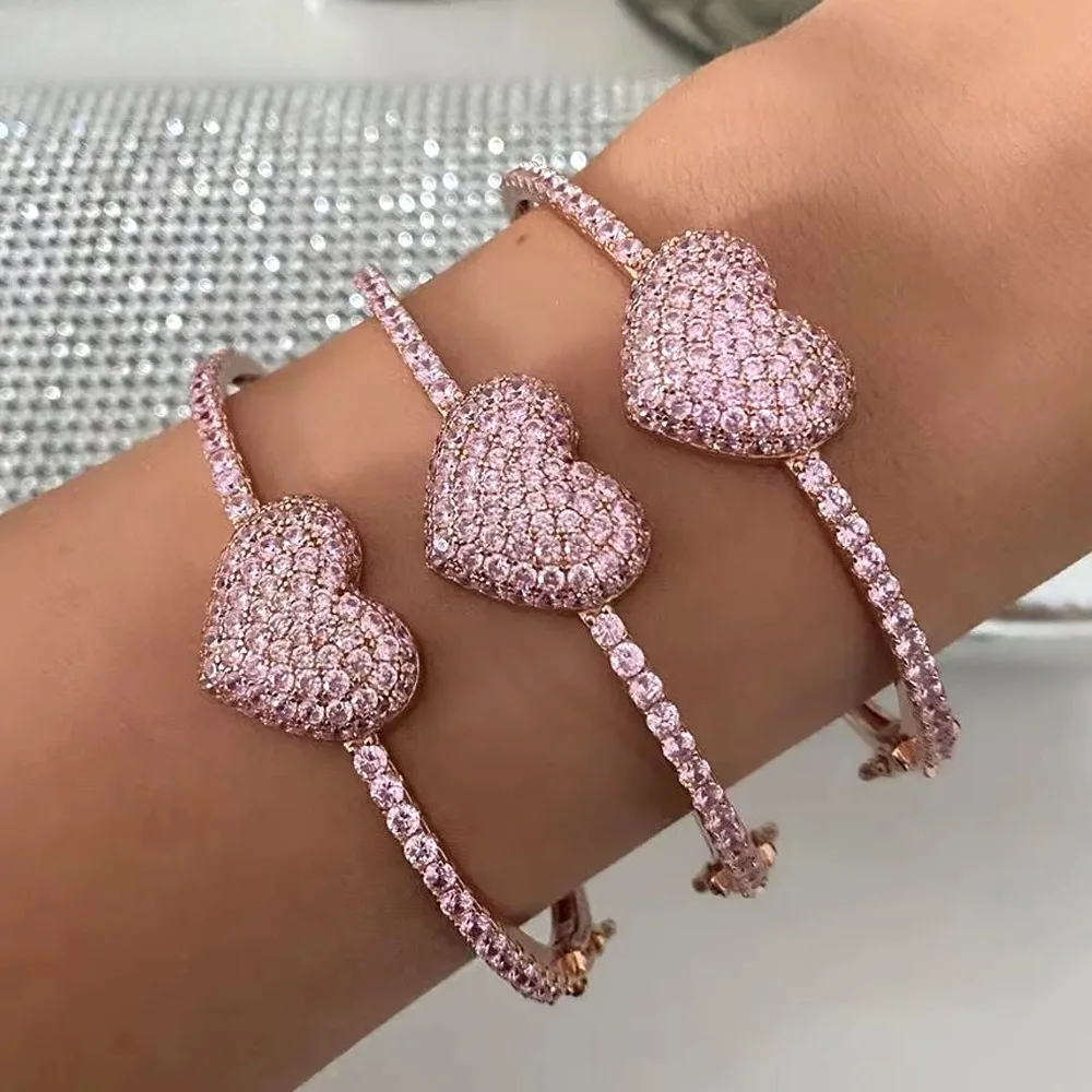 

Women's Pink Heart-Shaped Zirconia Bangle - High-End Luxury Fashion INS Series - A Valentine's Day Gift for Girls
