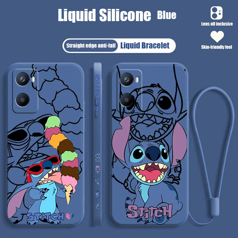 Cartoon Lilo Stitch Cute For OPPO A98 A96 A94 A93 A77S A76 A74 A73 A72 A57E S A56S Liquid Left Rope Silicone Phone Case