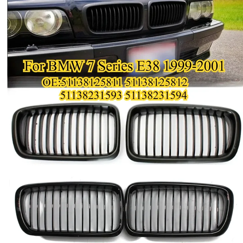 

2PCS Matte Black/Glossy Black Front Hood Kidney Grille Bumper Single Slat Grill for BMW 7 Series E38 1999-2001 Front Grills