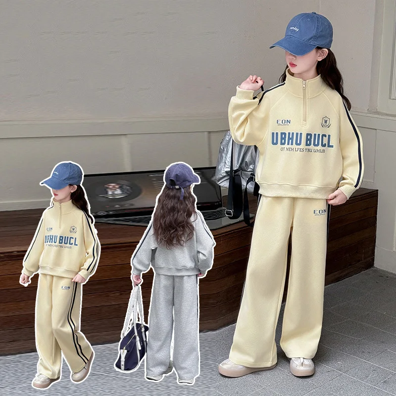 

School Girl 2pcs Set Autumn Letter Printed Striped 4-14Y Girl Tracksuit Half Zipper Sweatshirt+Elastic Waist Pant Kid Girl Suit