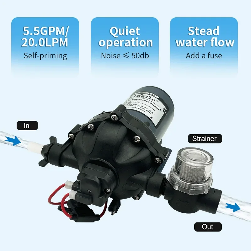 Singflo 12V 5 チャンバー水圧ポンプ FL-35S 70 PSI 20L/MIN - ボート/RV/ウォッシュダウン/デッキウォッシュポンプのみ