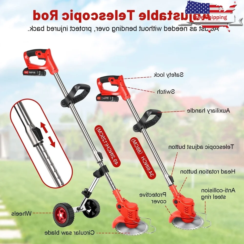 

Cordless Electric Weed Eater Grass Trimmer Edger 3-in-1 Kit with Adjustable Wheels Battery Powered Brush Cutter Accessories