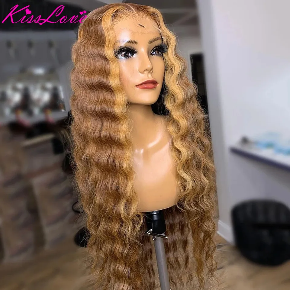 13X4 Hoogtepunt Honing Blonde Pruik Hd Lace Front Menselijk Haar Pruiken Losse Diepe Golf Pruik Transparante 13X6 Kant Frontale Pruiken Pre Geplukt