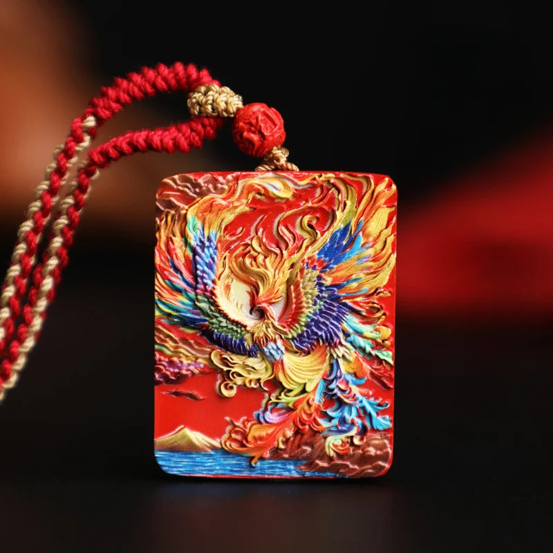 Cinnabar Water Flying Sand Painted Phoenix Pendant Listed for Men and Women