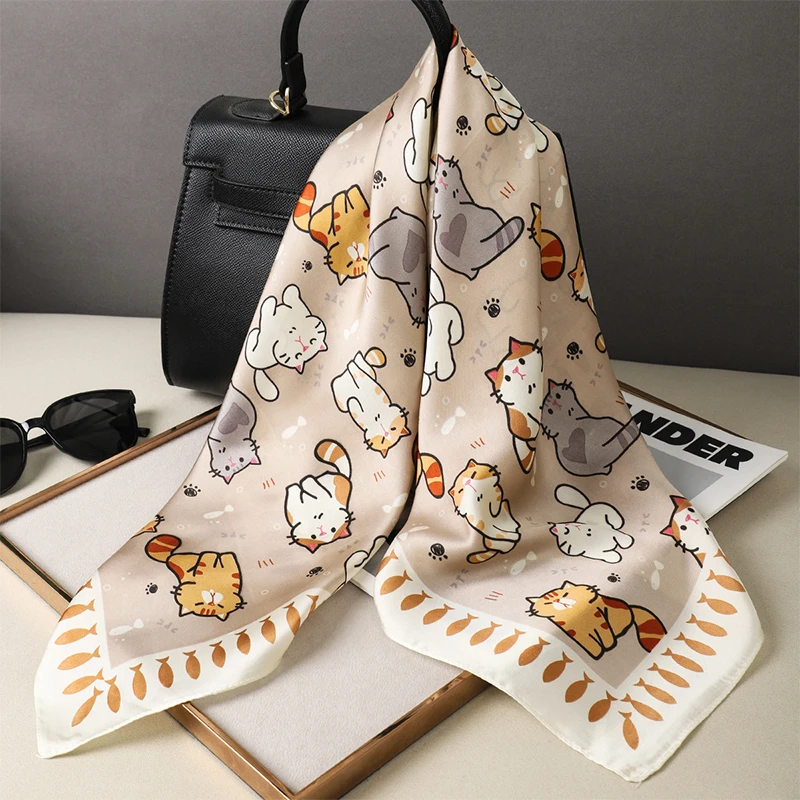 2024 Design Fashion Square Silk Scarf Women Hairband Cat Printed Small Satin Shawls Foulard Neckerchief Female Headbands Bandana