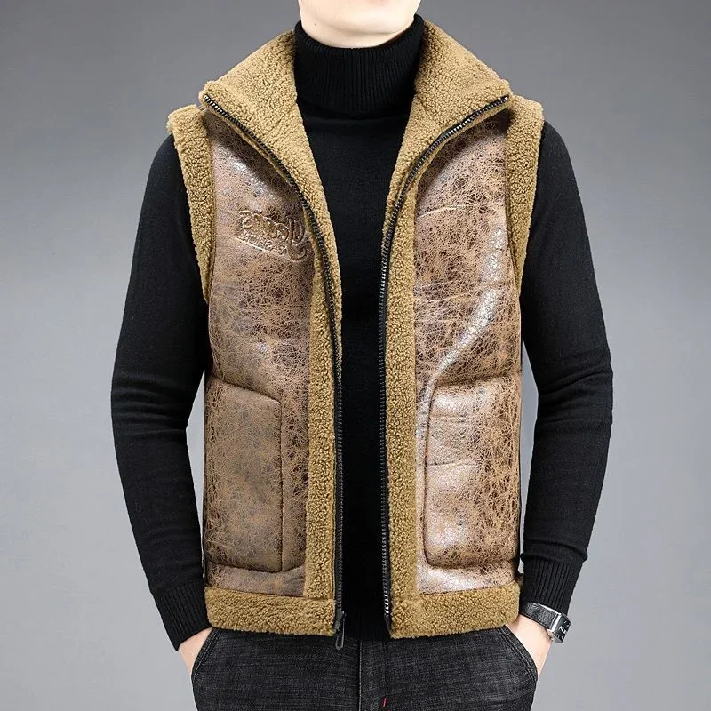 

Double-sided Jacket Vest For Men High Quality Warm Fashion Casual Gilet Male Jacket Sleeveless Waistcoat Winter Lamb Wool Coat