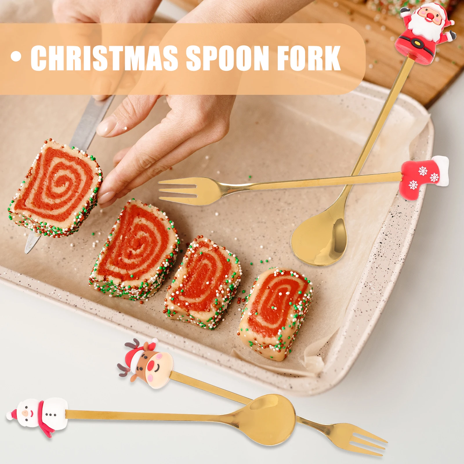 

1 Set Christmas Spoon Forks Xmas Themed Stainless Steel Dessert Forks Multipurpose Dinnerware For Family Restaurant Use Easy