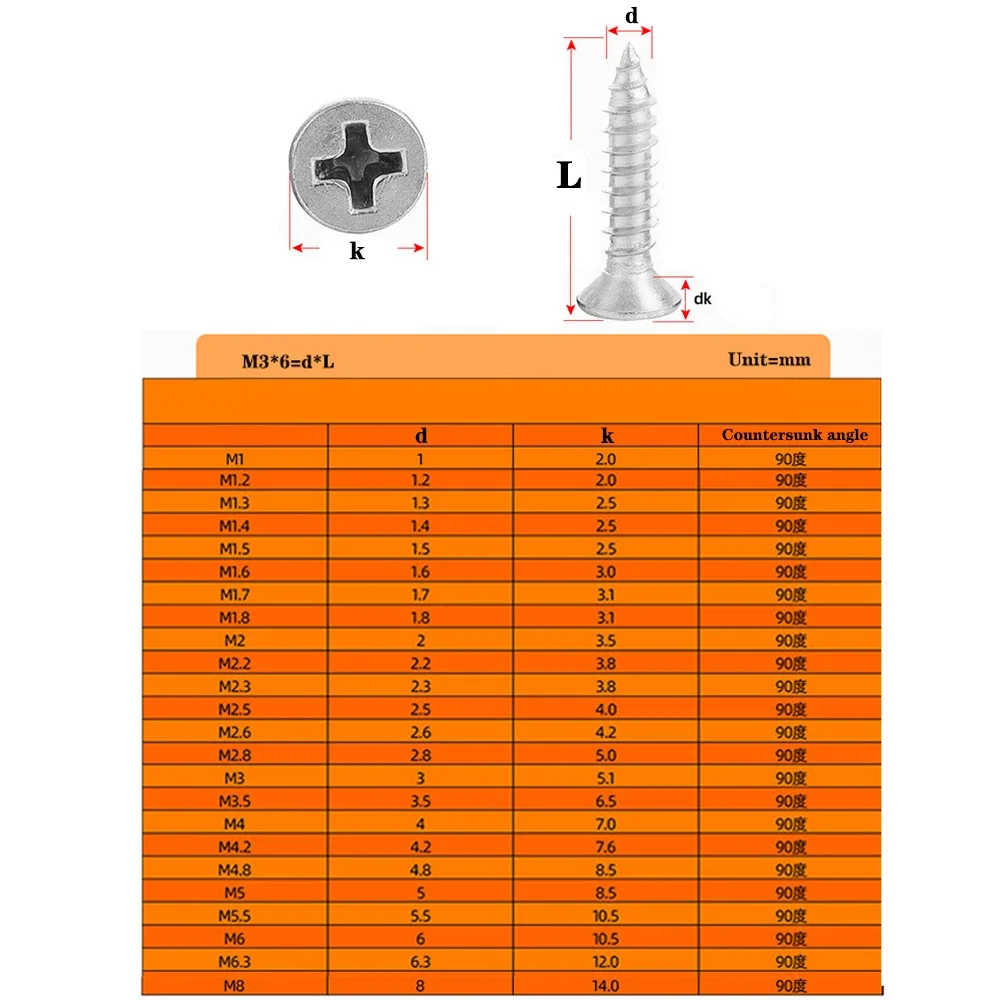 304 Stainless Steel Cross Countersunk Flat Head Self Tapping Wood Screws M1-M8, 10-50Pcs, Support Customize ﻿