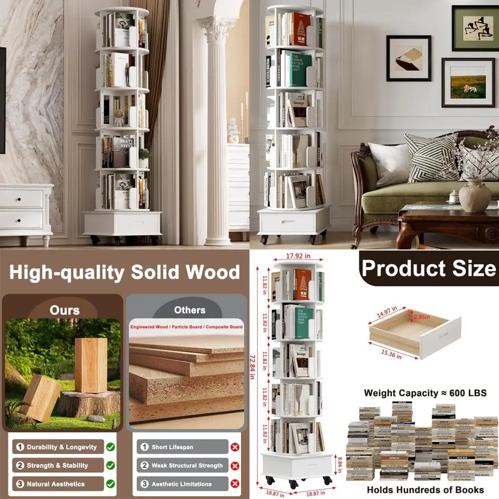 

5-Tier Wooden Revolving Bookshelf with Drawer, 72 Tall Floor Standing Rotating Bookcase on Wheels