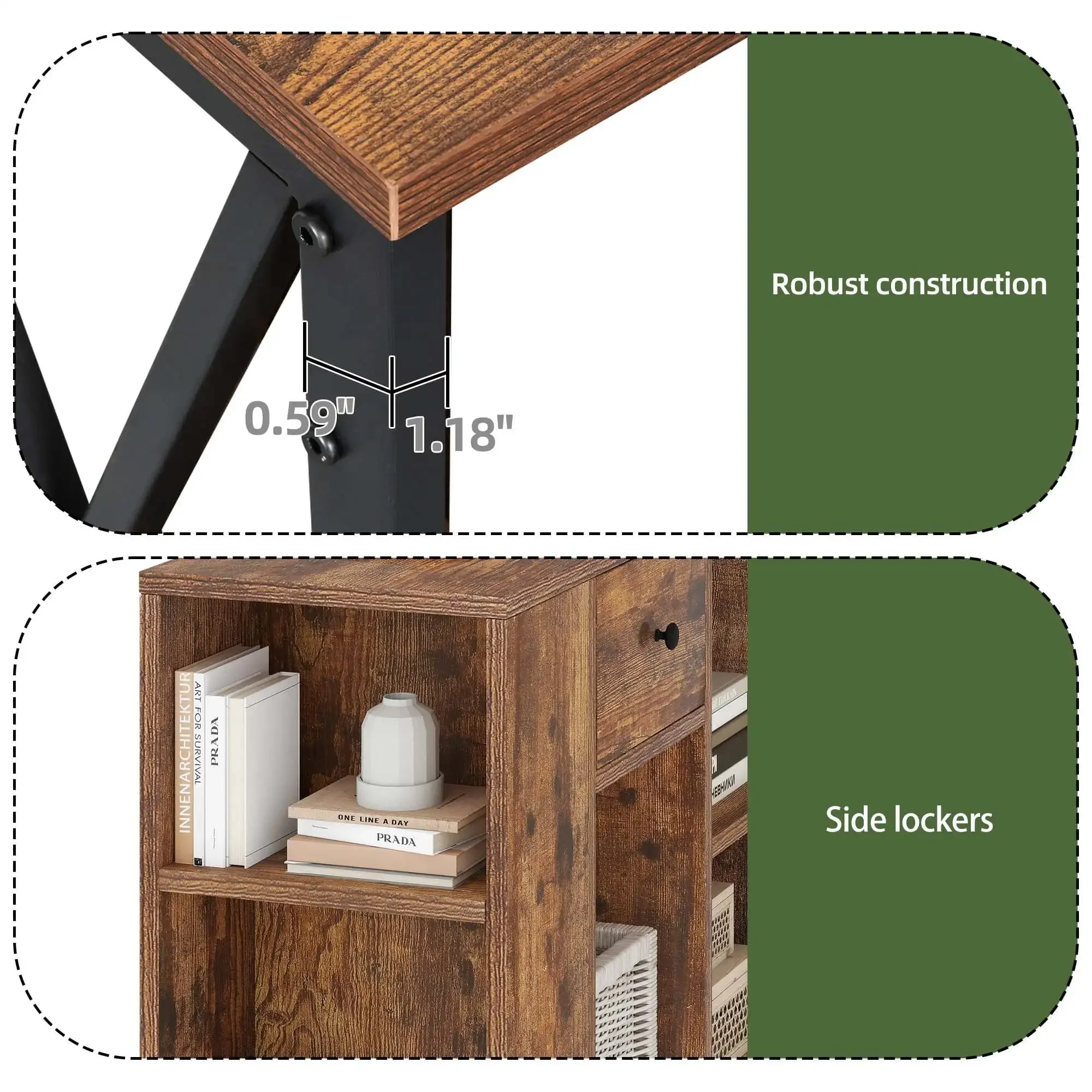 Rotating Writing Office Desk with Storage, Computer Desk with Wheels, Brown