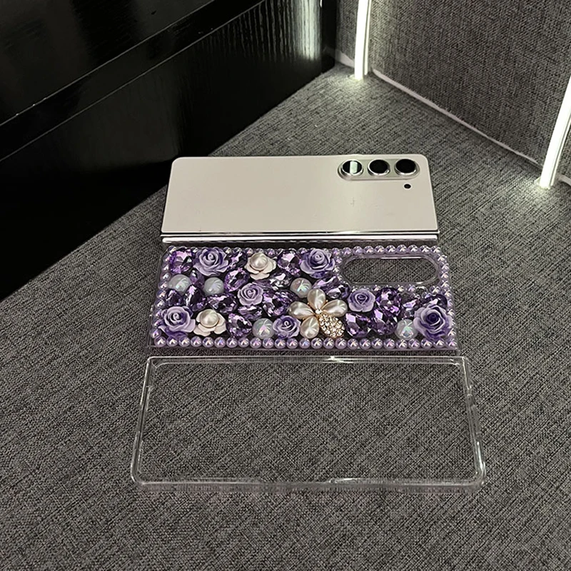 Luxury Bling Rhinestone Pearl Flower Phone Case For Samsung Galaxy Z Fold 7 6 5 4 3 Cute 3D Floral Purple Crystal Clear PC Cover