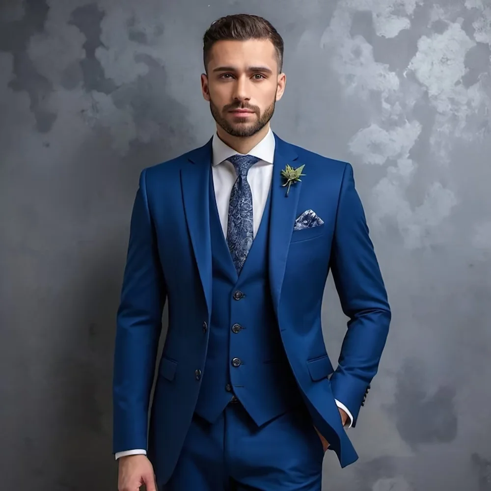 

Slim Blue Men Suit Single-breasted Peak Lapel 3 Pieces(Jacket+Pants+Vest) Male Formal Wedding Party Set