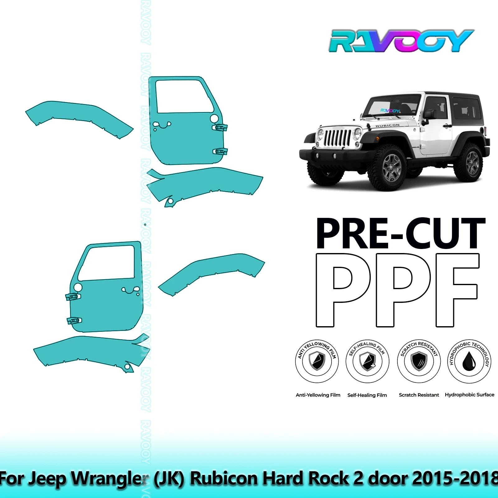

For Jeep Wrangler (JK) Rubicon Hard Rock 2 door 2015-2018 8.5mil Pre-Cut PPF Door & A/B Pillar Kit TPU Paint Protection Film Set