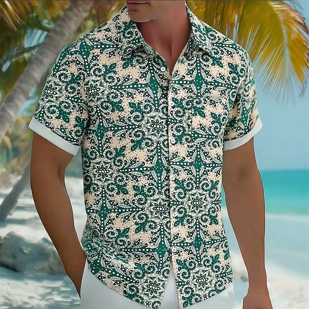 

Men's Floral Print Hawaiian Shirt Button Up Short Sleeve Vintage Casual Beach Vacation Turndown 3D Print Shirt Red Brown Green