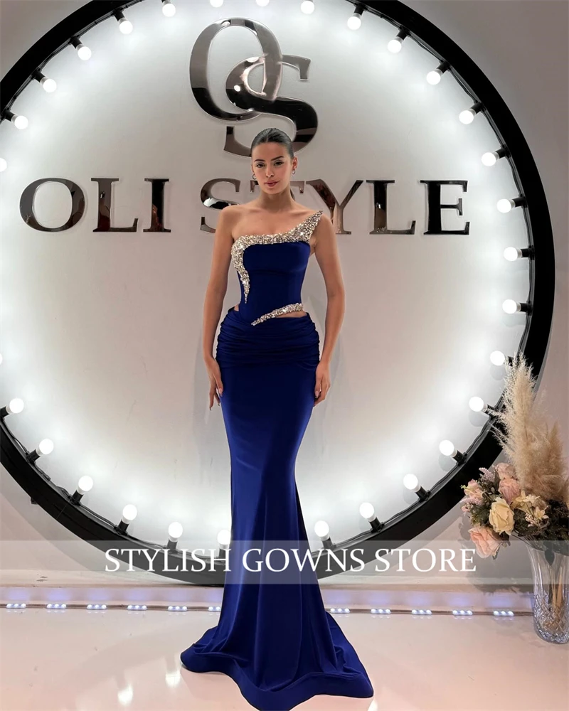 Royal Blue One Shoulder Evening Dresses Elegant Women Dress Bead Birthday Prom Crystal Special Occasion Dress Customized